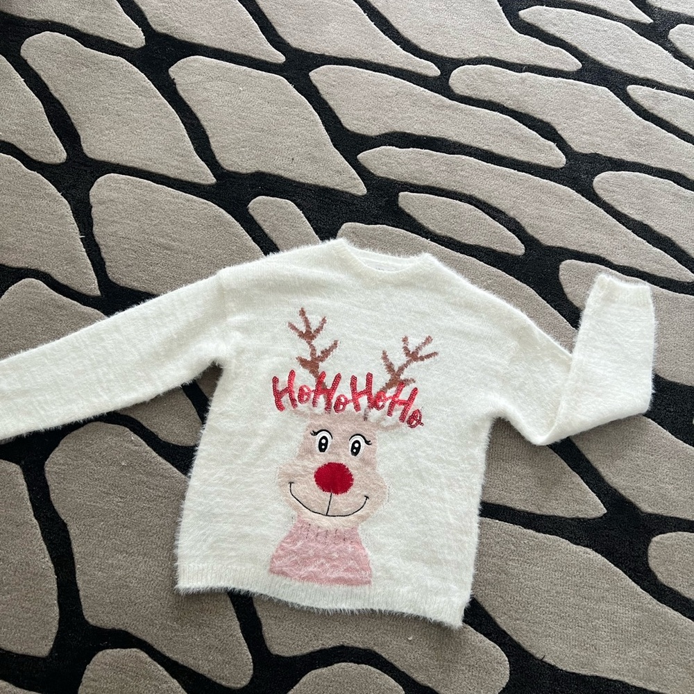 Mango Kids White Sweater with Reindeer Design